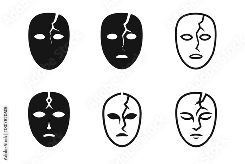 Cracked Mask Logos. Crushed spirit. Icon set. Set Logo of crushed spirit: cracked mask revealing emptiness. harmonious logo variations of the same emblematic