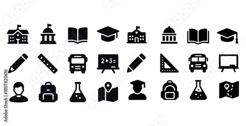 Education icons: schools, books, graduation cap, pencils, buses, maps, laboratory