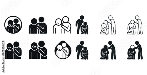 Stick figure icons of empathy and support in various scenarios