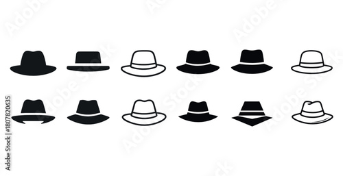 Set of various hat silhouettes and outlines in black and white