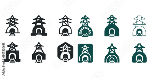 Set of power line and tunnel icons in various styles