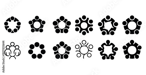 Diverse group and teamwork icons set featuring circle patterns and human figures