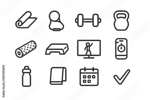 Home Workout Icons. Home workout motivation. Line icon set of home workout motivation: yoga mat, resistance band, dumbbell, kettlebell, foam roller, step