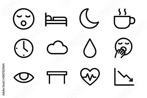 Fatigue Icons Collection. Fatigue. Line icon set of Fatigue: tired face, bed, moon, coffee cup, clock, cloud, droplet, yawn, eye half closed, desk, heart