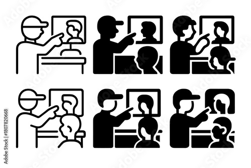 Director Feedback Logos. A director giving feedback to an actor on their performance. Icon set. Set Logo of a director giving feedback to an actor on their
