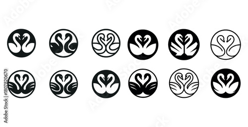 Elegant swan silhouette icons in black and white circle designs