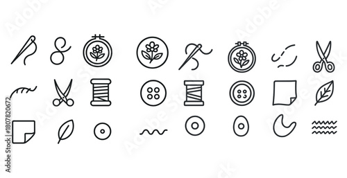 Set of sewing and embroidery icons: needle, thread, spool, scissors, button, leaf