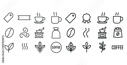 Variety of coffee icons including cups, beans, and leaves in line style