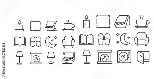 Cozy home icons set: candle, blanket, cup, book, lamp, fireplace, record player, armchair