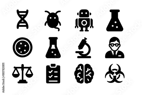 Cloning Technology Icons. Cloning Technology. Solid icon set of Cloning Technology: DNA strand, artificial organism, robot, lab flask, petri dish, test tube,