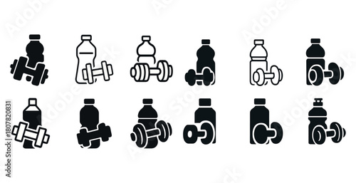 Icons of water bottles and dumbbells in fitness theme