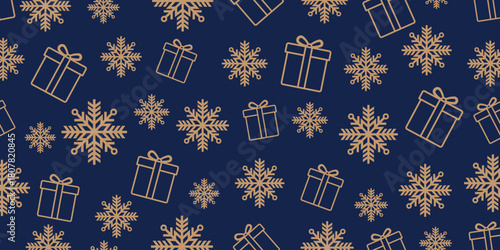 Seamless winter holiday pattern featuring golde outline icons of gift boxes and stylized snowflakes on a vibrant blue background. Perfect for Christmas, New Year, and winter