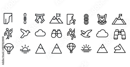 Minimalist outdoor adventure icons collection: hiking, climbing, parachuting