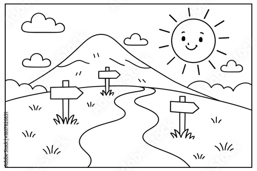 Smiling Sun Path. Pilgrimages and spiritual travel children?s coloring book illustration, outlined drawing, a friendly path winding toward a distant hill with