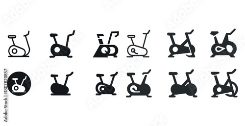 Set of exercise bike icons in different styles for fitness and gym design