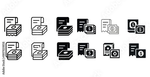 Set of finance and accounting icons: receipts, coins, dollar signs in black and white