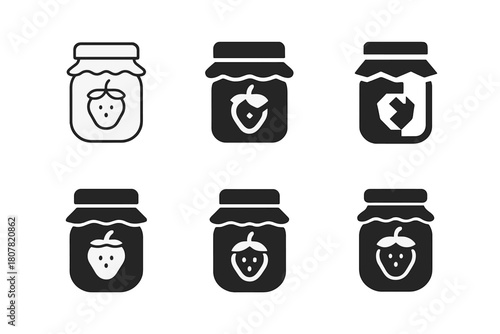 Homemade Jam Logos. Making your own homemade jam. Icon set. Set Logo of Homemade Jam: glass jar filled with jam and a fruit label. harmonious logo variations