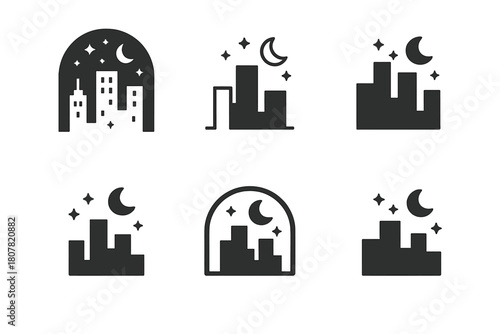 Nightlife Logos Collection. Nightlife. Icon set. Set Logo of Nightlife: City skyline at night. harmonious logo variations of the same emblematic concept, each