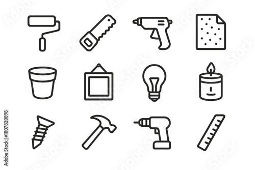 DIY Icon Set. DIY home decor. Line icon set of DIY home decor: paint roller, small saw, glue gun, sandpaper, plant pot, hanging frame, light bulb, candle jar,
