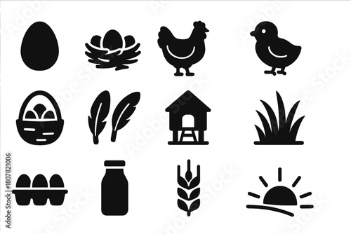 Farm Fresh Icons. Farm Fresh. Solid icon set of Farm Fresh: egg, nest, hen, chick, basket, feathers, coop, grass, carton, milk bottle, wheat stalk, sunrise.