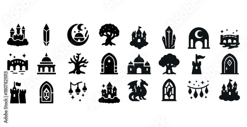 Fairy tale castle and fantasy icon set including dragon, tree, and bridge elements