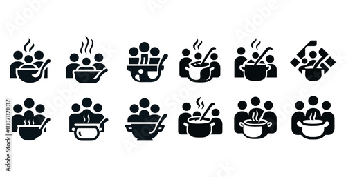 Collection of icons depicting people sharing meals and cooking together
