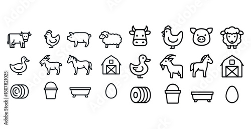 Farm animal line icons set featuring barn, wheelbarrow, and eggs