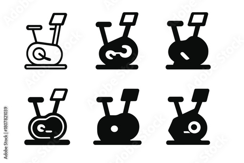 Exercise Bike Logos. exercise bike. Icon set. Set Logo of exercise bike: digital fitness bike with screen. harmonious logo variations of the same emblematic