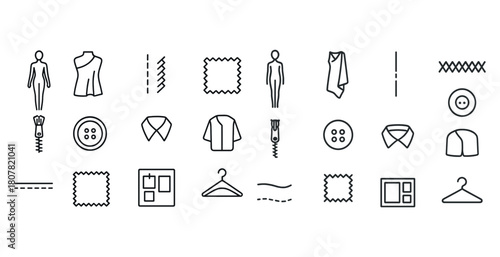 Sewing icons set: clothing figures, fabric, buttons, hangers, patterns
