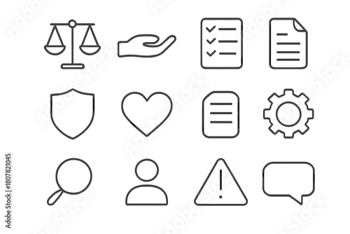 Ethical Icons Set. Ethical decision making. Line icon set of Ethical decision making: scale, hand, checklist, shield, heart, document, magnifying glass, user