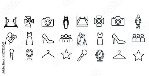 Set of fashion and photography icons featuring cameras, models, and apparel