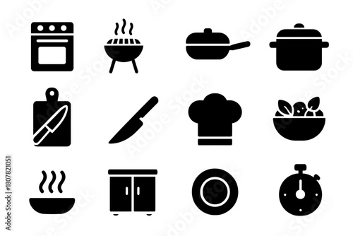 Kitchen Utensils Icons. Food preparation area. Solid icon set of Food preparation area: stove, grill, frying pan, pot, cutting board, knife, chef