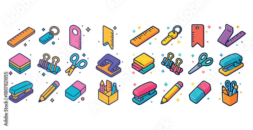 Colorful cartoon office supplies collection with rulers, scissors, and staplers