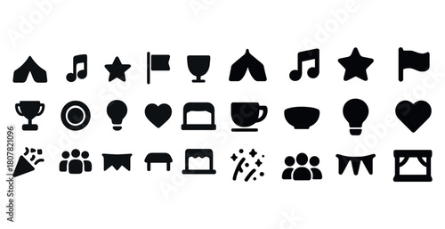 Collection of festival and celebration icons including music, awards, and decorations