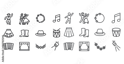 Line icons of folk dance elements and musical instruments