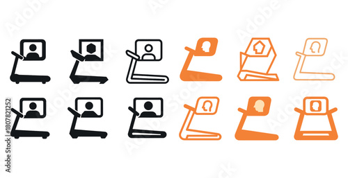 Stylized treadmill icons displaying profiles and silhouettes in black and orange