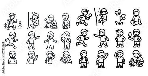 Cartoon outdoor activities: children exploring nature through playful adventures