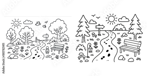 Scenic forest path with trees, bench, and sun in black and white drawing