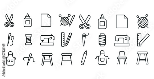 Craft icons set: scissors, glue, yarn, sewing, tools for hobby and diy projects