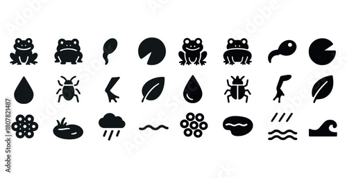 Black silhouette icons of frogs, nature elements, and insects on white background