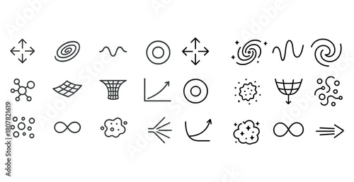 Set of 24 dynamic physics and mathematics icons with arrows and waveforms