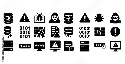 Computer security symbols and threat icons including virus and firewall alerts