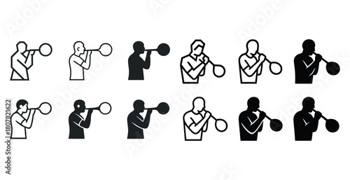 Monochrome silhouettes of people blowing trumpets and balloons