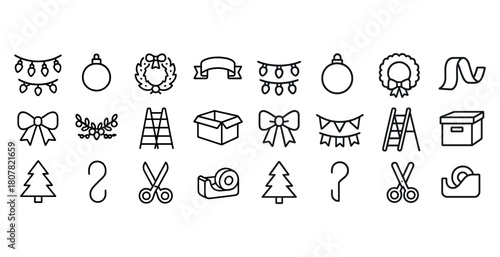 Christmas icon set: festive decorations and seasonal symbols in black and white