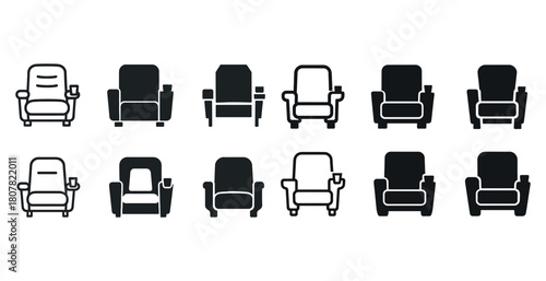 Collection of modern armchair icons in black and white silhouettes