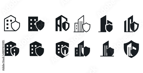 Building security icons set: shielded structures in various architectural styles
