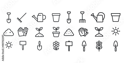 Gardening icon set: tools, plants, sun, watering can, pot