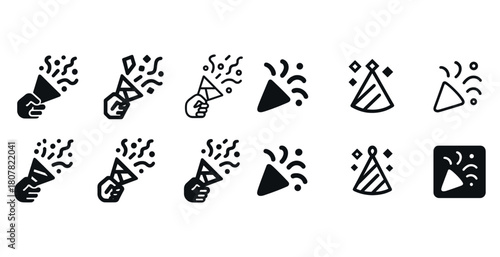 Celebration icons set: megaphone, party hat, confetti designs in black and white