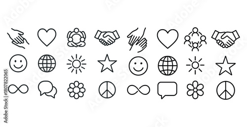 Set of minimalist icons: hands, hearts, smiles, peace, and global symbols