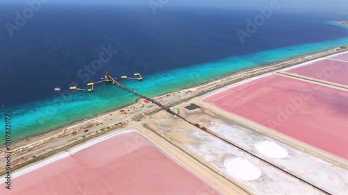Aerial view of pink salt ponds and white salt mounds in Bonaire